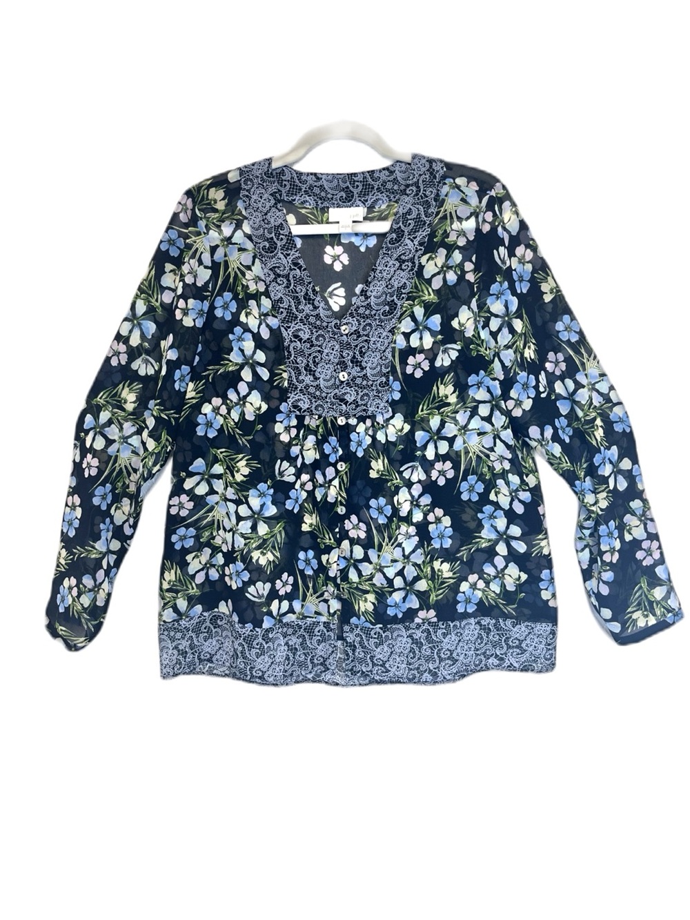 J. Jill Navy Blue Sheer Floral Print Lace Look Detail Long Sleeve V-Neck Blouse